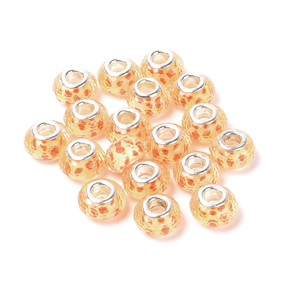 Resin European Beads, Large Hole Beads, with Platinum Tone Brass Core, Rondelle with Flower