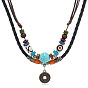 Vintage Multilayer Turquoise Beaded Leather Necklace with Alloy Bronze Coin Pendant - Retro Style