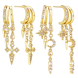 2Pairs 2 Styles Brass Micro Pave Clear Cubic Zirconia Dangle Stud Earrings, Golden