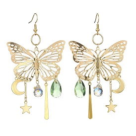 Butterfly & Moon & Star Brass Chandelier Earrings, Glass Long Drop Earrings