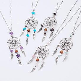 Alloy Pendant Necklaces, Woven Net/Web with Feather, with Gemstone Beads and Brass Chain, Antique Silver