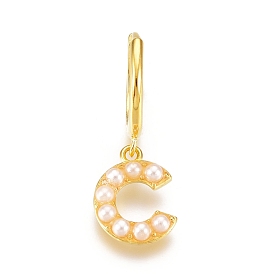 925 Sterling Silver Huggie Hoop Earrings, with Clear Cubic Zirconia and Acrylic Imitation Pearl, with S925 Stamp, Letter, Golden