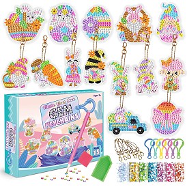 DIY 15 Style Easter Theme Keychain Diamond Painting Kits, including Acrylic Pendants, Alloy Clasps, Plastic Clasps, Resin Rhinestones, Diamond Sticky Pen, Tray Plate and Glue Clay, Mixed Shapes