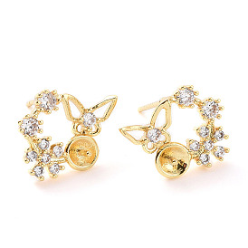 Brass Micro Pave Clear Cubic Zirconia Stud Earring Findings, for Half Drilled Beads, Flower with Butterfly