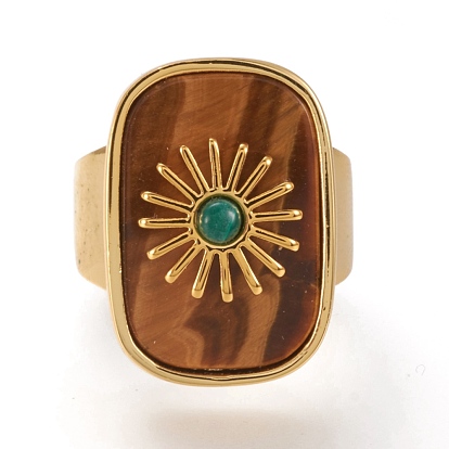Natural Gemstone Cuff Rings, Open Rings, Long-Lasting Plated, Rectangle with Sun, Real 18K Gold Plated