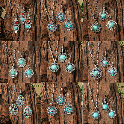 Комплекты из ожерелий и серег-подвесок из сплава Bohemia и акрила, античное серебро