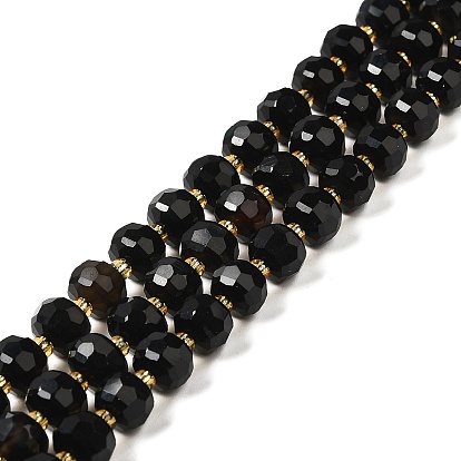 Natural Black Onyx Beads Strands, with Seed Beads, Faceted Rondelle