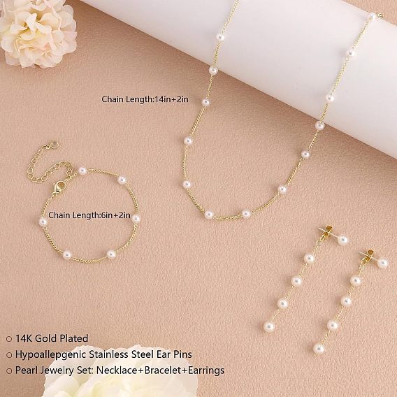 Комплекты из латунных круглых бусин с пластиковым жемчугом, серег-гвоздиков и браслетов для женщин