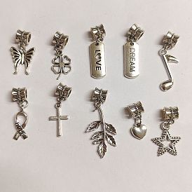 10Pcs 10 Styles Tibetan Style Alloy European Dangle Charms, Large Hole Pendants, Leaf & Heart & Star, Mixed Shapes