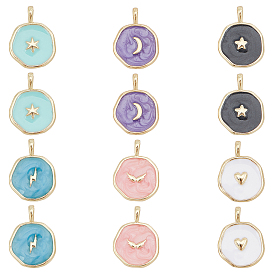 12Pcs 6 Styles Brass Enamel Pendants, Flat Round, Golden