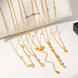 304 Stainless Steel Pave Clear Cubic Zirconia Geometric Pendant Necklaces for Women, Golden