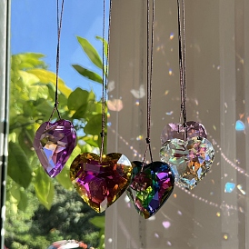 Glass Heart Pendant Decorations, with Rope, Hanging Suncatchers