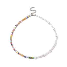 Perle de rocaille en verre et colliers en perles d'imitation en plastique ABS pour femmes, avec 304 fermoirs inox 