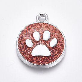 Encantos de esmalte, con hallazgos de aleación chapada en platino y polvo de brillo, Plano, redondo, perro, pata, impresiones
