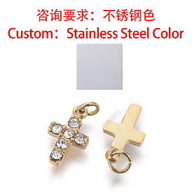 304 Surgical Stainless Steel Tiny Cross Charms, with Rhinestone and Jump Rings