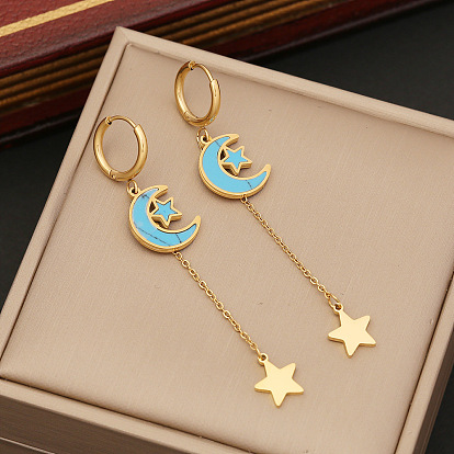Boho Chic Turquoise Star Moon Earrings with Tassel and Flower Studs