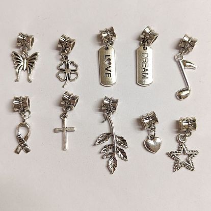10Pcs 10 Styles Tibetan Style Alloy European Dangle Charms, Large Hole Pendants, Leaf & Heart & Star, Mixed Shapes