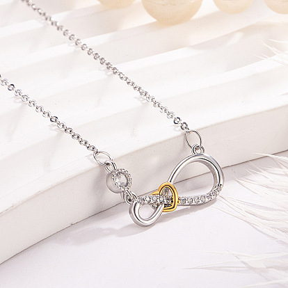 Collares con colgante de corazón infinito de latón bicolor con micro pavé de circonita cúbica transparente para mujer