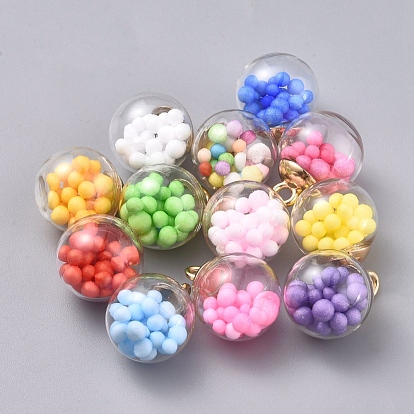 Transparent Glass Globe Pendant, with Glass Beads inside and CCB Plastic Pendant Bails, Round