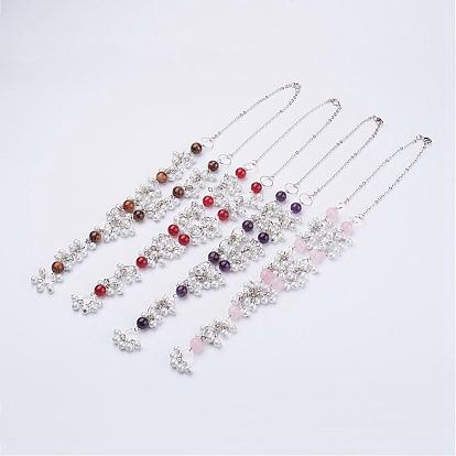 Pierres précieuses naturelles colliers de perles, avec des perles de perles de verre et laiton homard fermoir de griffe