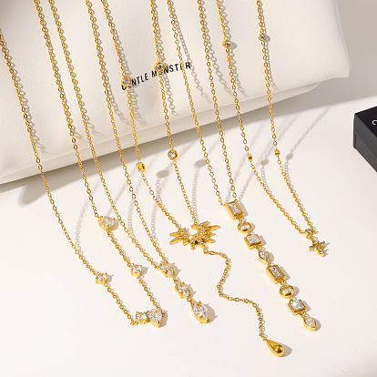 304 Stainless Steel Pave Clear Cubic Zirconia Geometric Pendant Necklaces for Women, Golden