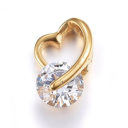 Cubic Zirconia Charms, with 304 Stainless Steel Findings, Heart, Clear