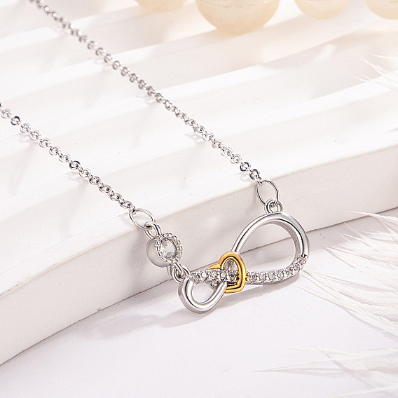 Duo Tone Brass Micro Pave Clear Cubic Zirconia Heart Infinity Pendant Necklaces for Women