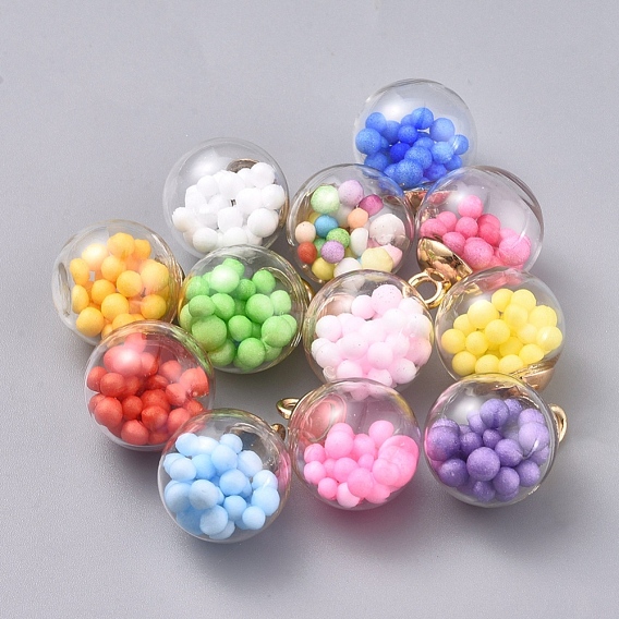 Transparent Glass Globe Pendant, with Glass Beads inside and CCB Plastic Pendant Bails, Round