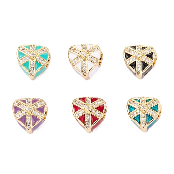 Brass Micro Pave Claer Cubic Zirconia European Beads, with Enamel, Large Hole Beads, Real 18K Gold Plated, Long-Lasting Plated, Heart
