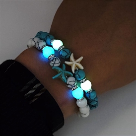 Synthetic Turquoise Stretch Bracelets, with Luminous Beads, Starfish