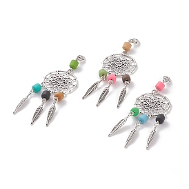 Tibetan Style Alloy Pendants, with Polymer Clay Bead and Lobster Claw Clasp, Woven Net/Web with Feather