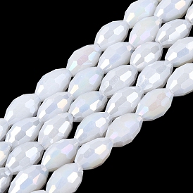 Electroplate Opaque Solid Color Glass Beads Strands, Rice, AB Color Plated, Faceted
