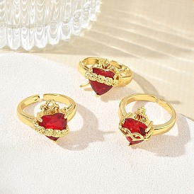 Anillos abiertos de latón y cristal para mujer, sagrado Corazón, larga duración plateado, chapado en rack, sin plomo y el cadmio