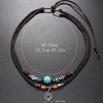 Vintage Multilayer Turquoise Beaded Leather Necklace with Alloy Bronze Coin Pendant - Retro Style