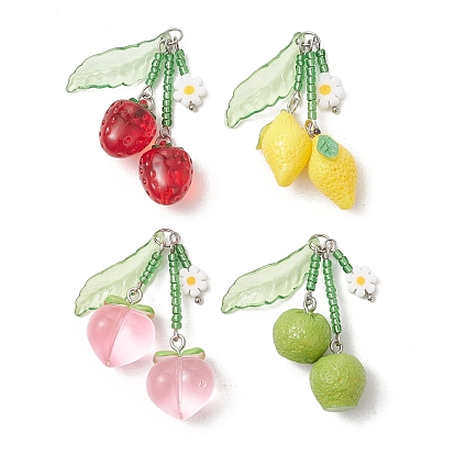 4шт. 4 стили, подвески ручной работы из стекла, бисера и смолы, изготовленные методом выдувания стекла., апельсин, лимон, персик и клубника с цветочными подвесками, цвет нержавеющей стали