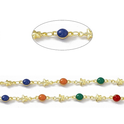 Handmade Brass Star & Flat Round Link Chains, with Colorful Enamel Beaded, Soldered, with Spool