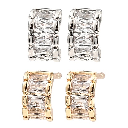 Brass Pave Clear Cubic Zirconia Curved Rectangle Stud Earrings, for Women