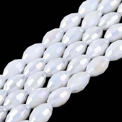 Electroplate Opaque Solid Color Glass Beads Strands, Rice, AB Color Plated, Faceted