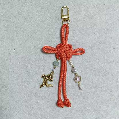 Pendentifs en cordon de polyester et élasthanne avec nœud chinois, cheval, avec fermoirs pivotants en alliage et breloques en perles et verres en plastique ABS