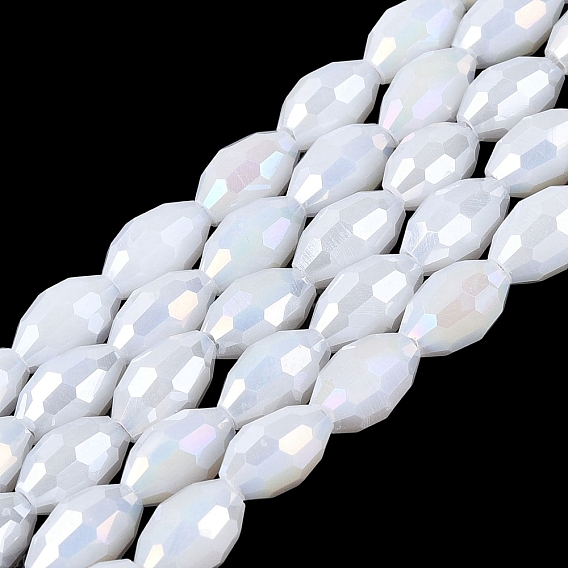 Electroplate Opaque Solid Color Glass Beads Strands, Rice, AB Color Plated, Faceted