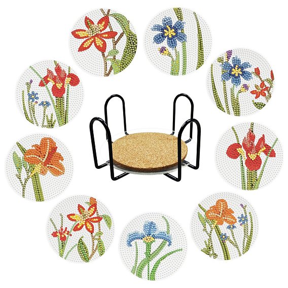 DIY Flower/Easter Theme Cup Mats Diamond Painting Kits, Including Flat Round Coasters, Cork Pads, Iron Coaster Holder, Resin Rhinestones, Diamond Sticky Pen, Tray Plate and Glue Clay