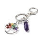 Natural & Synthetic Mixed Gemstone Keychain, with Platinum Plated Iron Split Key Rings, Tree of Life with Bullet