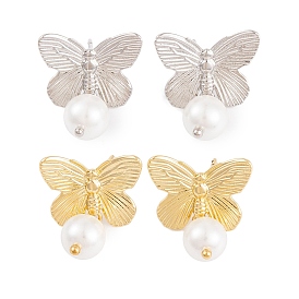 Rack Plating Brass ABS Pearl Earrings, Cadmium Free & Lead Free, Long-Lasting Plated, Butterfly