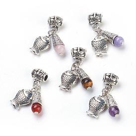 Tibetan Style Alloy Pendants, with Natural Gemstone Beads, Fish