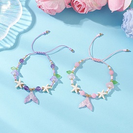 2шт. 2 браслеты с подвесками из смолы разных цветов, Женские плетеные браслеты из стеклянных бусин, синтетической бирюзы, натурального аметиста и желтого нефрита, морская звезда и хвост русалки