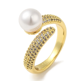 Rack Plating Brass Micro Pave Cubic Zirconia Cuff Rings, Round Glass Pearl Beads Ring for Women, Cadmium Free & Lead Free, Long-Lasting Plated