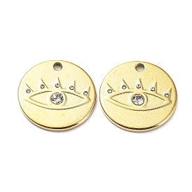 Ion Plating(IP) 304 Stainless Steel Pendants, with Crystal Rhinestone, Flat Round with Eye Charm