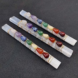Chakra Jewelry, Natural Selenite Home Decorations, Brass Wire Wrapped Teardrop Natural Gemstone Display Decorations, Rectangle