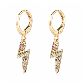 Brass Micro Pave Cubic Zirconia Huggie Hoop Earring, Lightning Bolt, Colorful