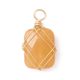 Natural Gemstone Copper Wire Wrapped Pendants, Faceted Rectangle Charms, Golden